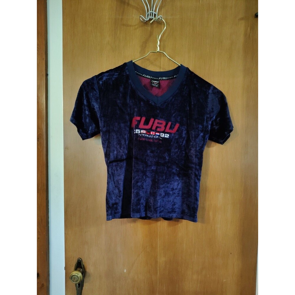 Rare Women's Extra Large FUBU Crushed Velvet Blue Tee Top Shirt XL Vintage